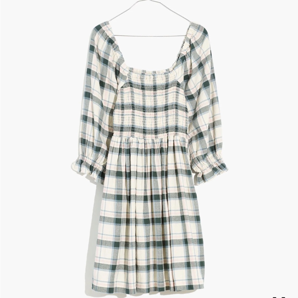 Madewell Women’s Lucie Elbow-Sleeve Smocked Mini Dress in Lebaum Plaid Small S - Picture 5 of 11